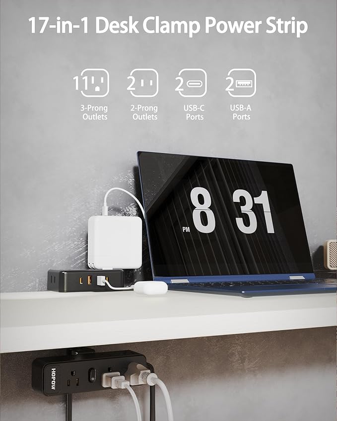 HOPOW 15 FT Dual Layer Desk Clamp Power Strip, Desktop Edge Mount Charging Station with 13 Outlets 4 USB Ports (2 USB C), Under Desk Surge Protector(1700 Joules), Extension Cord for Office Home