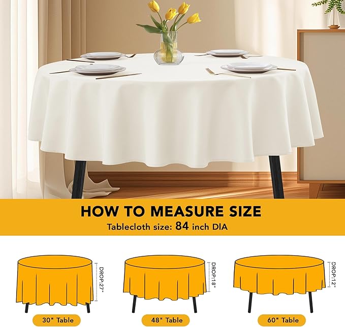 10-Pack Ivory Round Tablecloths, 84 Inches, Stain-Resistant Polyester for 3-5 Ft Round Tables - Washable Table Covers for Weddings, Banquets, Birthday Parties, Events