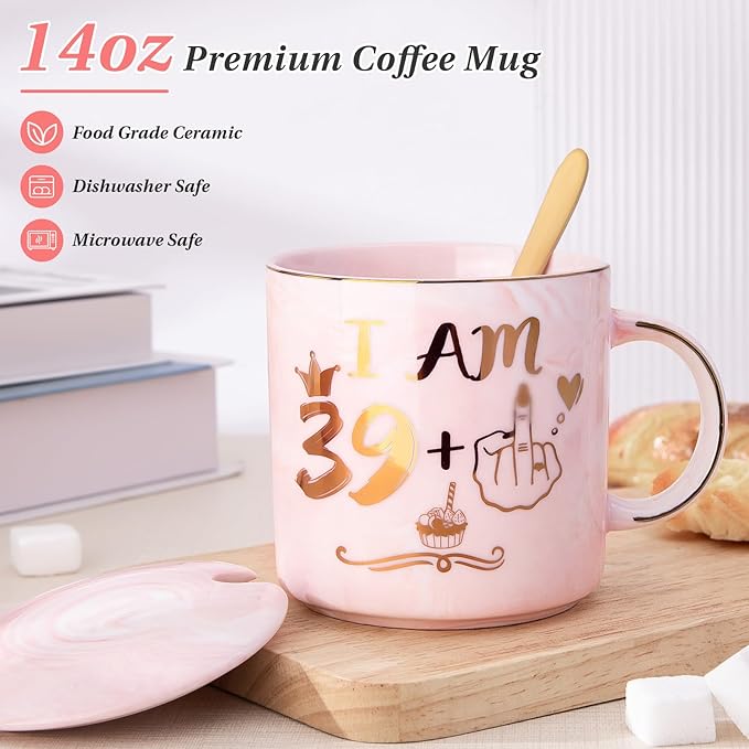 Funny 40th Birthday Gifts for Women - 14oz Pink Marble Ceramic Gold Print Coffee Mug with Cheeky “39+1” Design, Greeting Card & Luxury Gift Box, Celebrating Her Fabulous 40th with Humor and Style