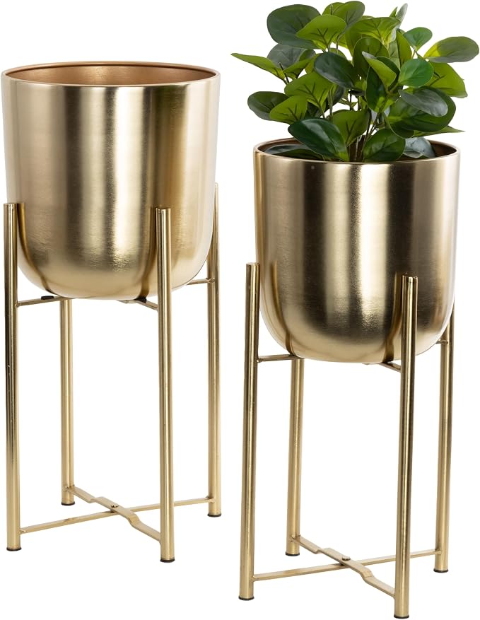 CosmoLiving by Cosmopolitan Metal Dome Planters, Set of 2, 19", 22"H, Gold | Large planter pots with removable plant stand indoor outdoor use, not watertight