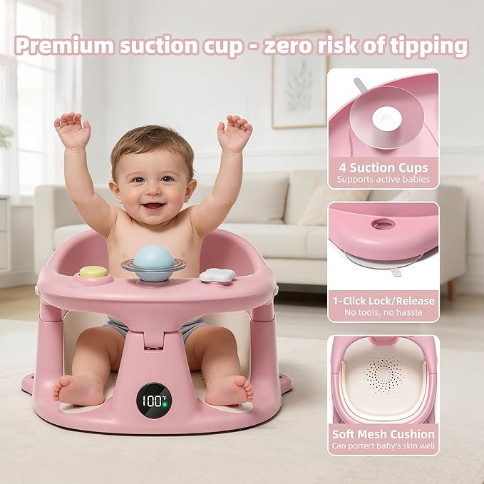 Baby Bath Seat for Babies 6 Months & up with Thermometer, Non-Slip Toddler Bath Seats for Sitting Up, Safe Infant & Newborn Bathtub Chair with 4 Suction Cups, Soft Cushion & Temperature Display, Pink