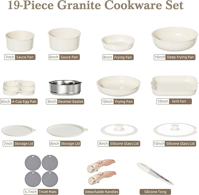 Pots and Pans Set Non Stick - Kitchen Cookware Set Detachable Handle Pot and Pan Sets for Cooking, RV Stackable Cookware Sets Removable Handle Cooking Set, Oven Safe, Induction Ready