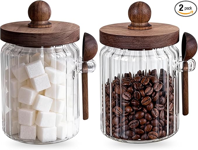 2 Pack Brown Sugar Keeper Bowl with Lid and Spoon, Farmhouse Style Coffee canister - Food Storage Glass Jars (20oz) with Wooden Lid for Kitchen, Coffee Bean, Tea, Baking Supplies & Spice Dispenser