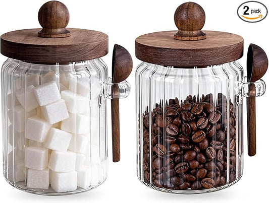 2 Pack Brown Sugar Keeper Bowl with Lid and Spoon, Farmhouse Style Coffee canister - Food Storage Glass Jars (20oz) with Wooden Lid for Kitchen, Coffee Bean, Tea, Baking Supplies & Spice Dispenser