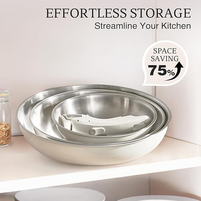 KITEXPERT Non Stick Stainless Steel Pan Set – 8", 10", 12" Tri-Ply Frying Pan Skillet with Removable Handles, PFOA-Free, Cream White Ceramic Exterior, Dishwasher safe, Compatible with All Stovetops