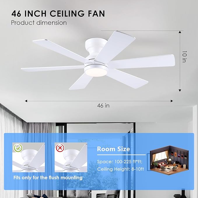 Asyko 46" White Low Profile Ceiling Fan with Light and Remote,Modern Flush Mount Ceiling Fans for Bedroom, Living Room, 6 Speeds, Dimmable, Timer, Quiet Reversible