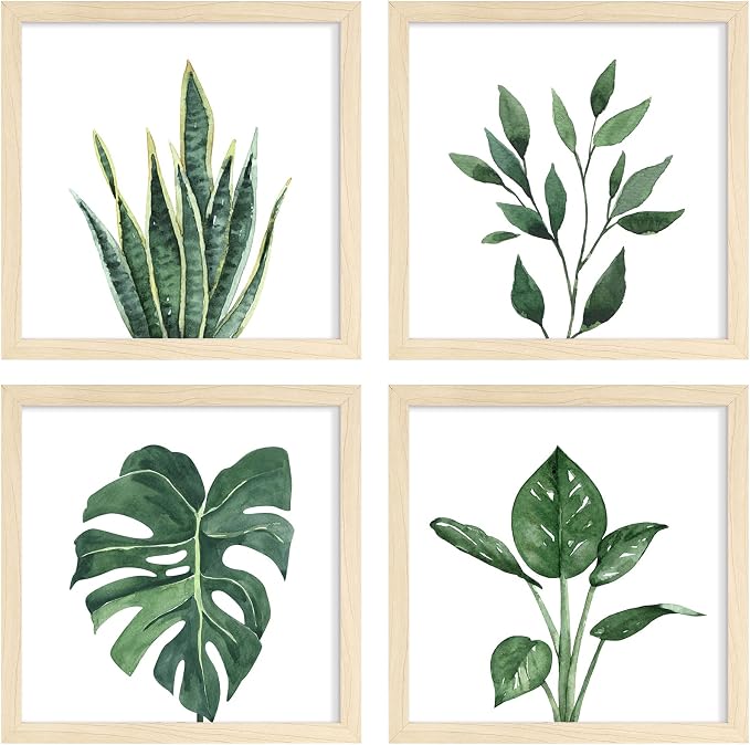 ArtbyHannah Framed Bathroom Wall Art Decor, 10x10 Inch 4 Pack Botanical Gallery Wall Frame Set Modern Farmhouse Sage Green Prints Artwork for Spa, Restroom, Bedroom, Office Decoration (Beige)