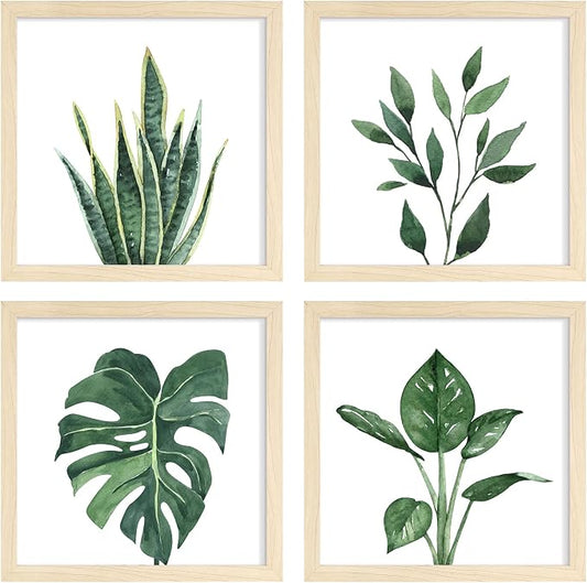 ArtbyHannah Framed Bathroom Wall Art Decor, 10x10 Inch 4 Pack Botanical Gallery Wall Frame Set Modern Farmhouse Sage Green Prints Artwork for Spa, Restroom, Bedroom, Office Decoration (Beige)