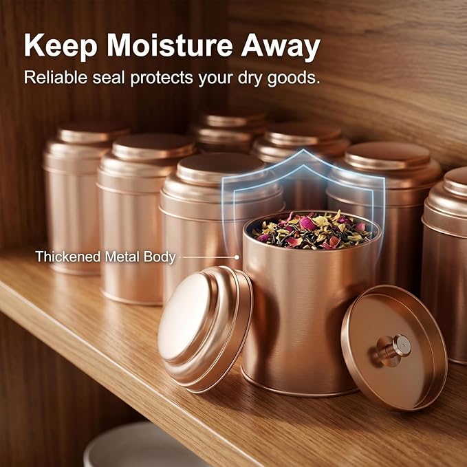 QWORK Tea Tin Canisters with Airtight Double Lids, 8 fl oz Each, 6 Pack Metal Containers, Mini Tea Storage Containers for Loose Leaf Tea, Tea Bags, Coffee, Sugar, Spices, Rosegold