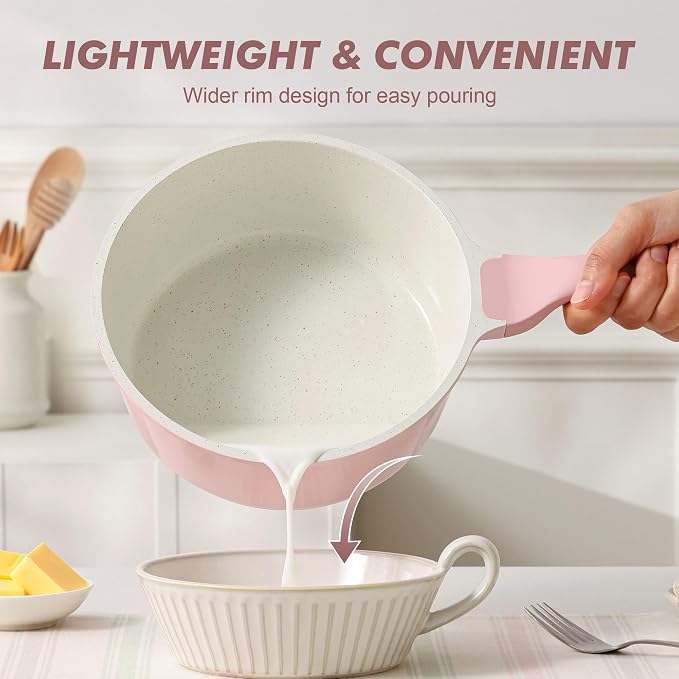 SENSARTE 2.5 QT Ceramic Nonstick Saucepan with Lid, PTFE/PFAS Free, Pink | Medium Cooking Pot with Stay Cool Handle, Induction Compatible Saucepot, Ceramic Coating