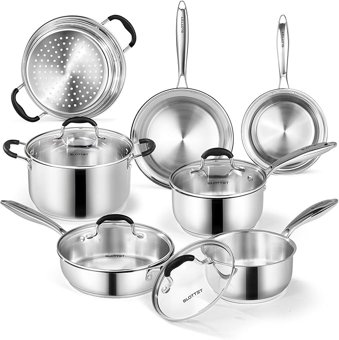SLOTTET Stainless Steel Kitchen Cookware Set,11 Piece Pots and Pans Set with Steamer,Heat-resistant Handle,Non-Toxic,Induction,Oven,Dishwasher Safe