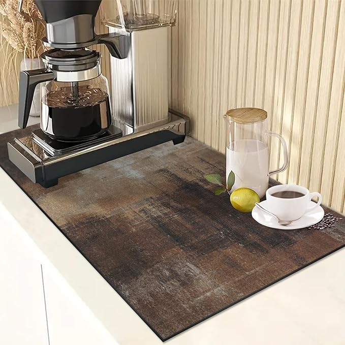 Arttown Coffee Mat for Countertops, Brown Abstract Modern Dish Drying Mat 2 Pcs for Kitchen Bar Accessories, Coffee Maker Espresso Machine Dish Rack Hide Stain Rubber Backed 12x19In