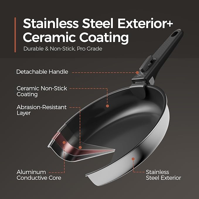 16pcs Nonstick Cookware Set, Diamond-Titanium Ceramic Coating & 3 Layer Stainless Steel Pots and Pans Set with Detachable Handle, Dishwasher Safe, Induction Compatible, Oven Safe, Black