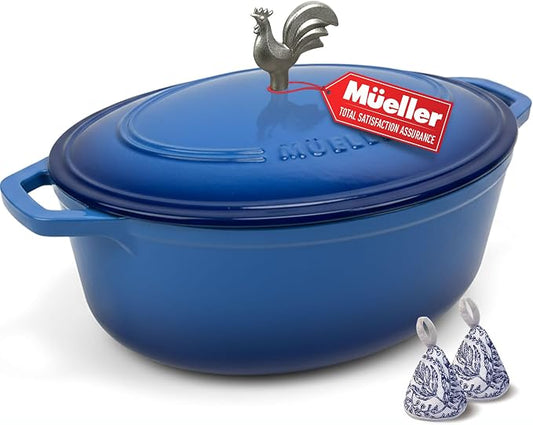 MUELLER HOME 5.5 Quart Enameled Cast Iron Oval Dutch Oven w Rooster Knob & Cotton Potholders, Heavy-Duty Cookware, Oven-Safe up to 500° F & Across All Cooktops, Gifts for Grandma & Women, Aqua Blue | w Rooster Knob & Cotton Potholders, Heavy-Duty Cookw...