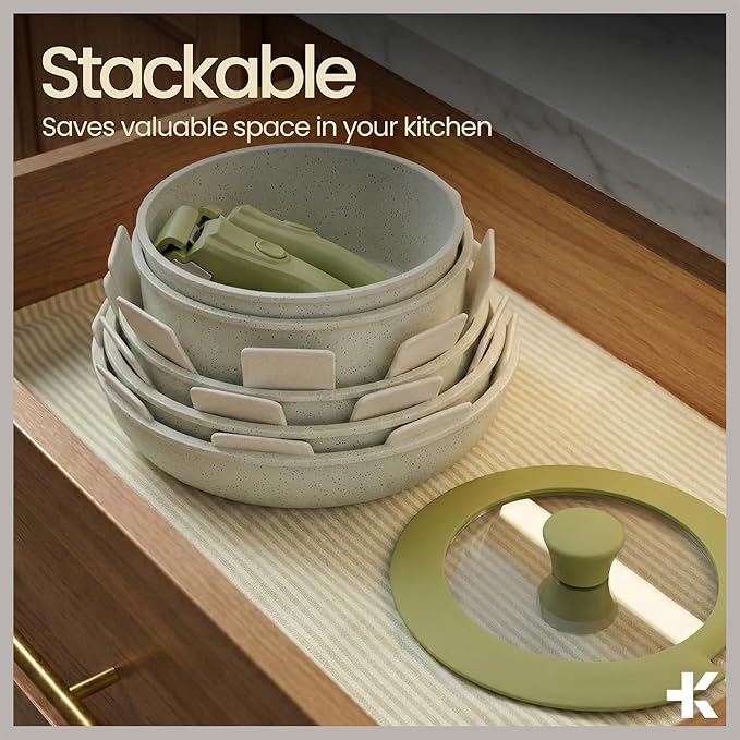 Bakken 15-Piece Non-Stick Cookware Set with Detachable Handles – Granite Stackable Pots and Pans Set, Dish Washer Safe, Oven-Safe, and Compatible Kitchen Essential for All Stoves – Green/Cream