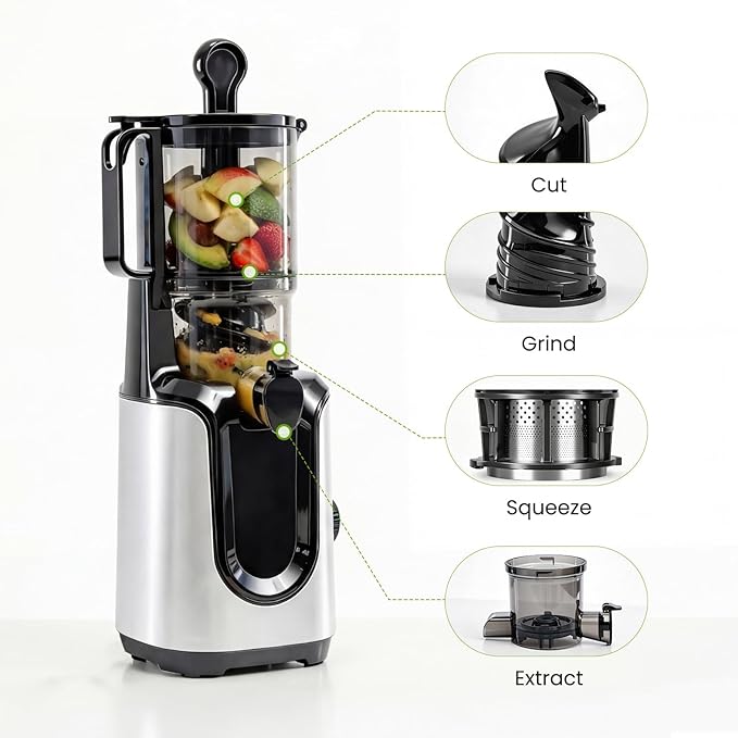 Slow Masticating Juicer Machines, Cold Press Juicer with Safety Lock & Reverse Function, 4.25" Feed Chute for Whole Fruits & Vegetables, High Juice Yield, Silver