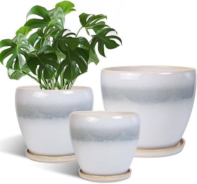 Ceramic Plant Pots - Modern Round 10 Inch 8 Inch 6 Inch Planters for Indoor Outdoor, Flower Pots with Drainage Holes and Plant Saucers, Home Decor, Plant Lover Gifts, Set of 3, White-Grey