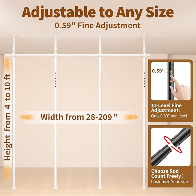Room Divider for Room Separation,4-10ft(H) 28-209inch(W) Adjustable Temporary Privacy Wall Divider, Tension Curtain Rods No Drilling, Heavy Duty Partition Space Separator Freestanding,White