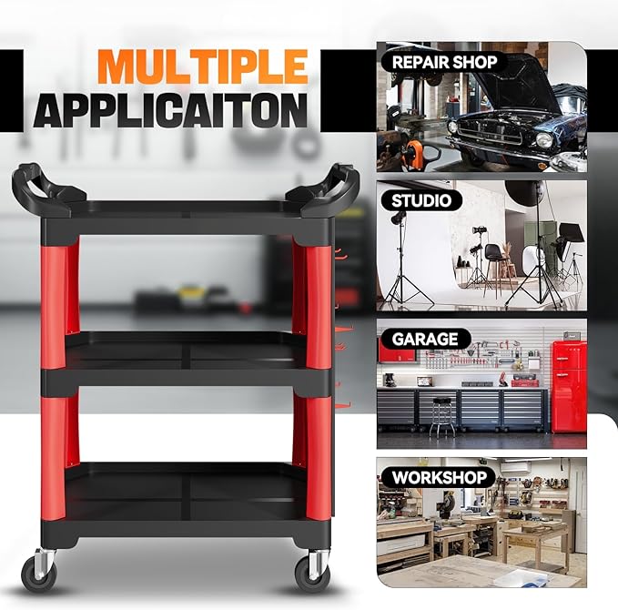 Auto Dynasty 3-Level Rolling Cart Trolley Storage Detailing Cart with Pegboard 120 kg/260 Lbs Capacity on Wheels Fits Garage, Warehouse, and Workshop Use, Black/Red