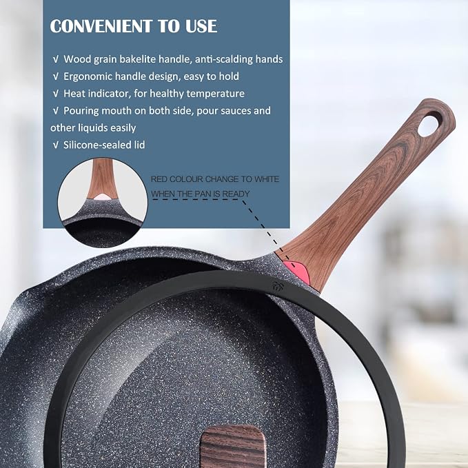 Vinchef Nonstick Deep Frying Pan Skillet with Lid, 11in/5Qt Saute Pan, German 3C+ Ceramic Coating Technology, Heat Indicator, Induction Compatible | German 3C+ toxin-free ceramic PFOA-free. Induction/gas compatible. Heat indicator handle. Lightweight d...