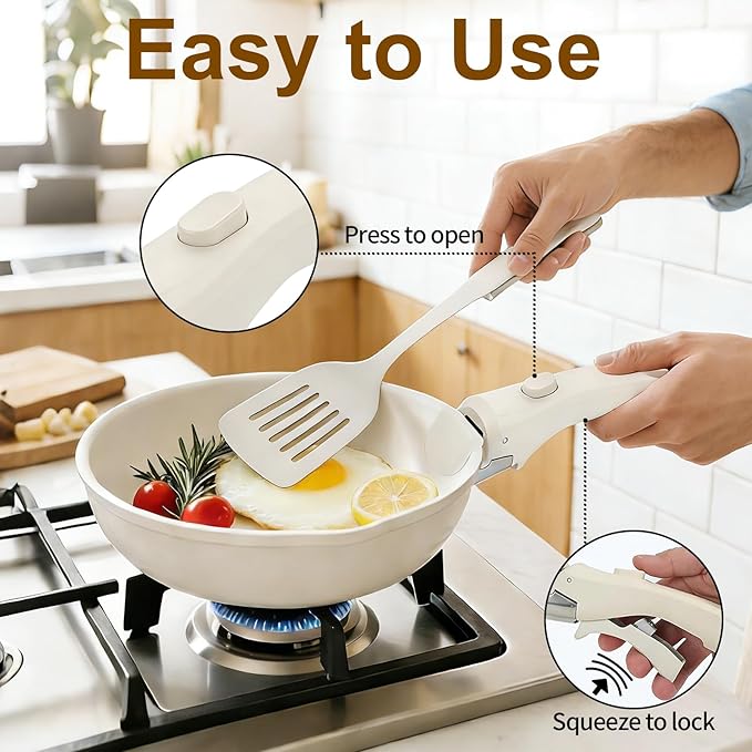 Removable Pot and Pan Handle - Detachable Cookware Handle with Quick-Release Button, Space-Saving Universal Handle for Most Cookware, Sturdy & Durable, Ivory White, 2 Pack