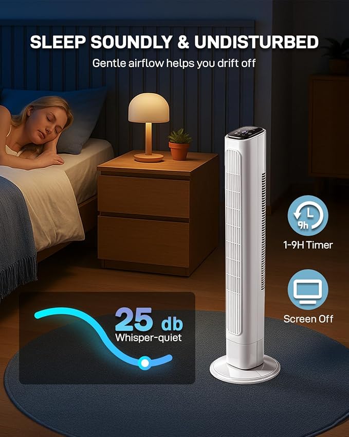 Winado 36" Bladeless Tower Fan, Portable Floor Fan with Remote Control, LED Display, Adjustable 90° Oscillating, 3 Speeds, 3 Modes & 9H Timer, Ultra-Quiet Cooling Fan for Home Office Bedroom, White