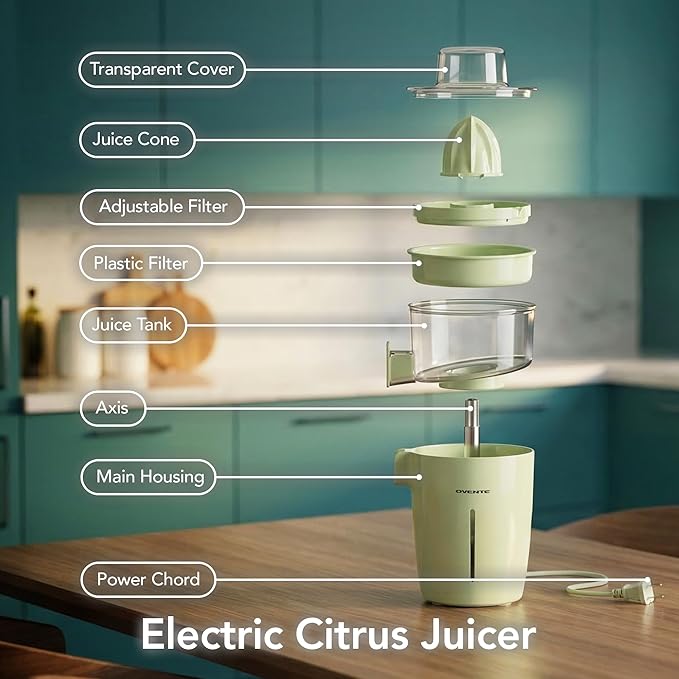 OVENTE Electric Citrus Juicer Machine with Self-Reversing Cones, 40 Watts, 17 oz Capacity, Pulp Control and Easy Pour Spout, Juice Squeezer for Orange, Lemon, Lime or Grapefruit, Green JE44G