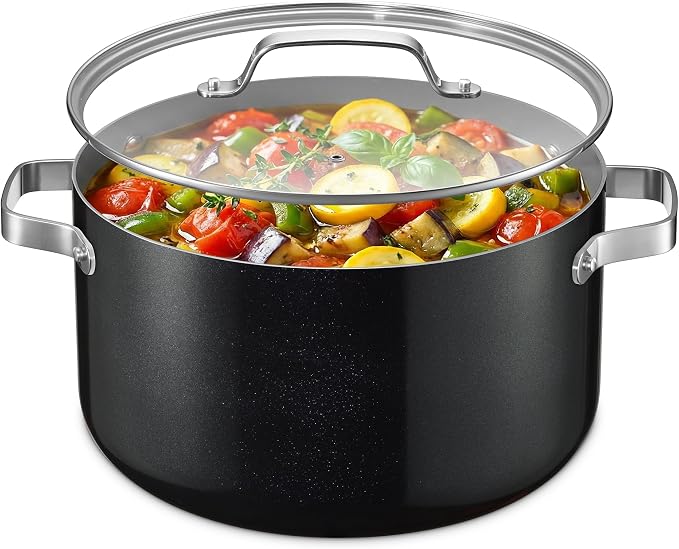 Bakken 12.5 Quart Ceramic Coated Stock Pot with Lid, Easy Clean Nonstick Pot, Tempered Glass Lid, Riveted Stainless Steel Handles, Oven Safe Up To 500°F, PTFE & PFAS Free, All Stove Compatible, Black