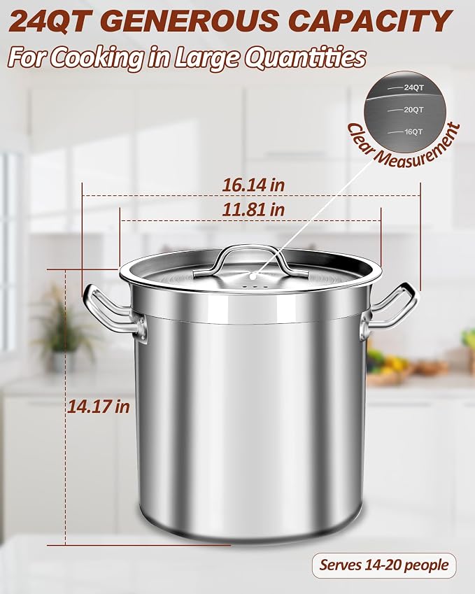 24 Quart Stainless Steel Stock Pot with Lid – Heavy Duty Cooking Pot for Soup, Stew, Pasta – Induction Compatible, Dishwasher Safe – Ideal for Home & Commercial Use