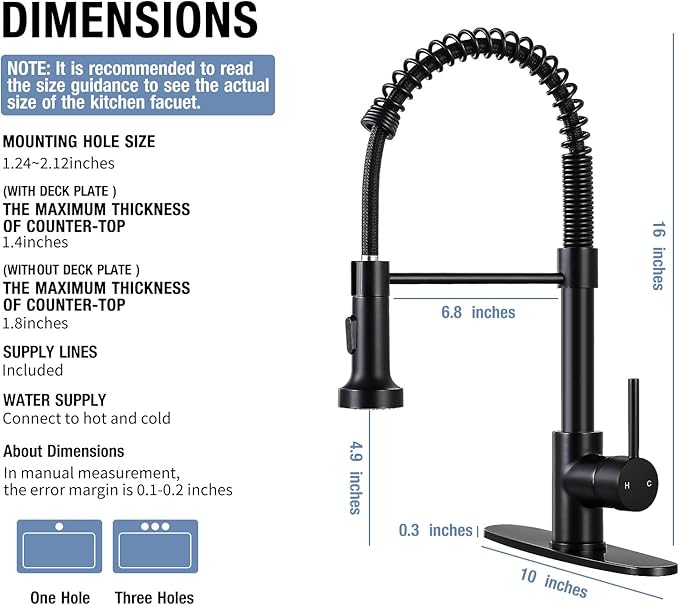 DJS Kitchen Faucets with Pull Down Sprayer Single Handle 1 or 3 Holes Spring Kitchen Sink Faucet with Deck Plate for Farmhouse RV Vessel Basin (Matte Black)