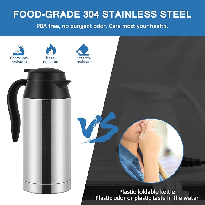 12V Car Kettle Boiler - 650ml Travel Kettle Car Water Heater Stainless Steel Car Coffee Cup Warmer Hot Water Maker with DC 12V Charger Electric Kettle for Car, Silver, A-1914218