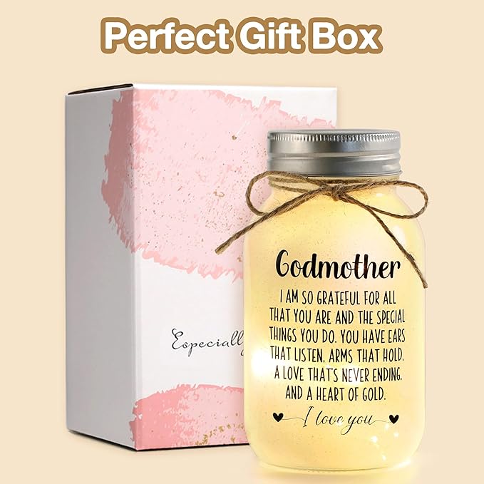 Maracco Godmother Mothers Day Gifts from Godchild, Proposal Godmother Birthday Gift, Mason Jar with 10 Warm Lights, Best Gifts for Godparents, Mason Jar Lights for God Mommy (30oz)