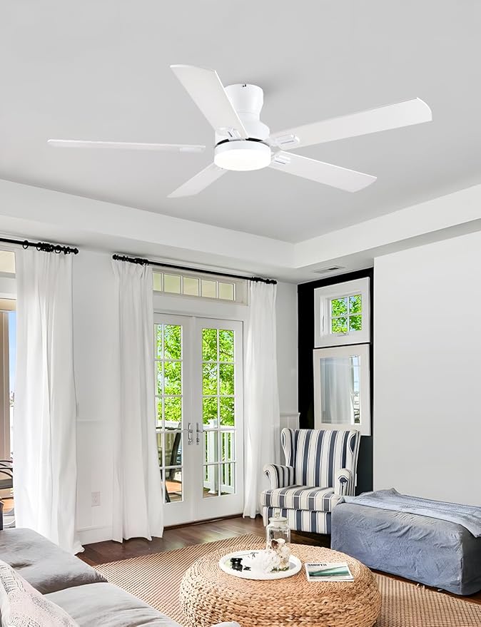 Ceiling Fans with Lights, 52 inch Low Profile Ceiling Fan with Light and Remote/APP Control, Modern Flush Mount Ceiling Fan for Indoor Bedroom Living Room, Dimmable, Qiuet DC Motor, White