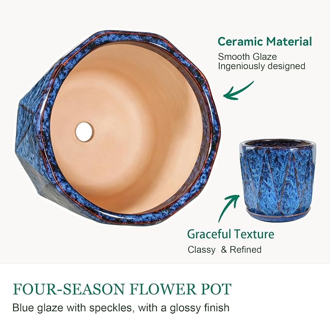 7.8 Inch Ceramic Plant Pot with Drainage Hole Mesh Net, Large Flower Pots for Indoor Plants with Saucer, Gardening Pots Outdoor, Blue