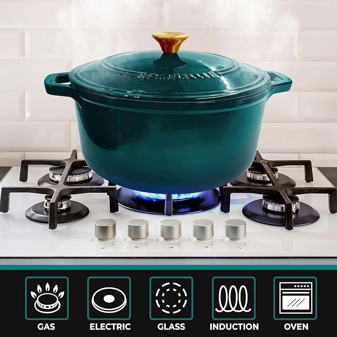 MUELLER HOME 7.5 QT Enameled Cast Iron Dutch Oven, Heavy-Duty Casserole Dish and Braiser Pan with Lid and Stainless Knob, Oven-Safe up to 500° F & Across All Cooktops, Emerald | Heavy-Duty Casserole Dish and Braiser Pan, Lid with Stainless Knob, Oven-S...