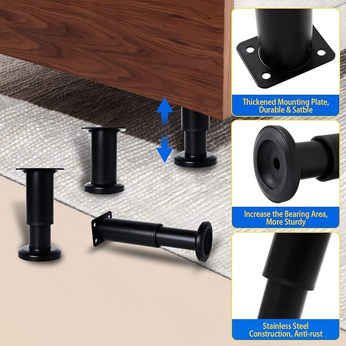 6 Pcs Adjustable Height Furniture Support Legs [with Screws] 3.15-4.72 inch, Metal Heavy Duty Furniture Replacement Legs for Chair/Bed/Sofa/Cabinet/Couch/Dresser/Bed/Table (Black)