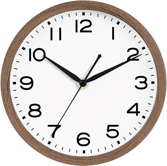 AKCISOT 10 Inch Wall Clock, Battery Operated Analog Clock, Silent Non-Ticking, Ideal for Bedroom, Bathroom, Kitchen, Office and School, Walnut