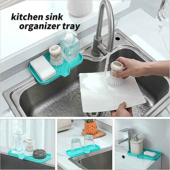 MicoYang Silicone Soap Dish with Drain Spout — Self-Draining Sink Organizer Tray for Bathroom & Kitchen, Sponges, Dispensers & Soap Holder, Non-Slip & Dishwasher Safe, Mint (Medium, 9.6"×5.3")