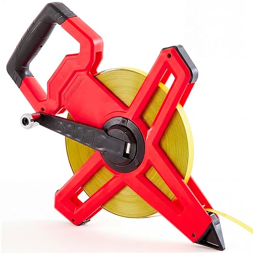 328ft/100m Open Reel Long Tape Measure, 1/2" Nylon-Coated Steel Blade, Dual Inch/Metric Scales, ABS Impact-Resistant Case for Construction, Surveying Red