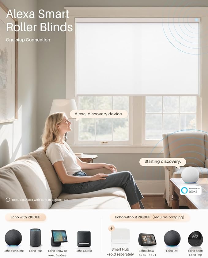 Smart Roller Shades for Windows, Alexa Blackout Motorized Blinds with Remote Control, Easy Install Automatic Electric Blinds for Indoor (50" W x 72" H, White)