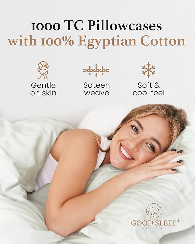 1000 TC Sage King Pillowcases Set of 2 100% Egyptian Cotton Pillow Cases with Long Staple Cotton & Sateen Weave, Silky Soft Hotel - Like Bed Pillow Covers for Comfy Sleeping, Snug Fit
