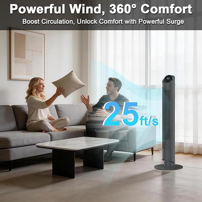 hykolity 40'' Tower Fan for Bedroom, 90° Oscillating Standing Fan, 28dB Ultra Quiet, 26ft/s Velocity Bladeless Floor Fan with 3 Speeds & 4 Modes, 12H Timer for Living Room, Home, Office