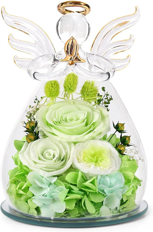FIACO Gifts for Women Birthday Preserved Rose Forever Flower in Glass Angel Figurines Fresh Flowers for Delivery Prime for Mom Real Orange Roses for Grandma Sister Wife Her from Daughter