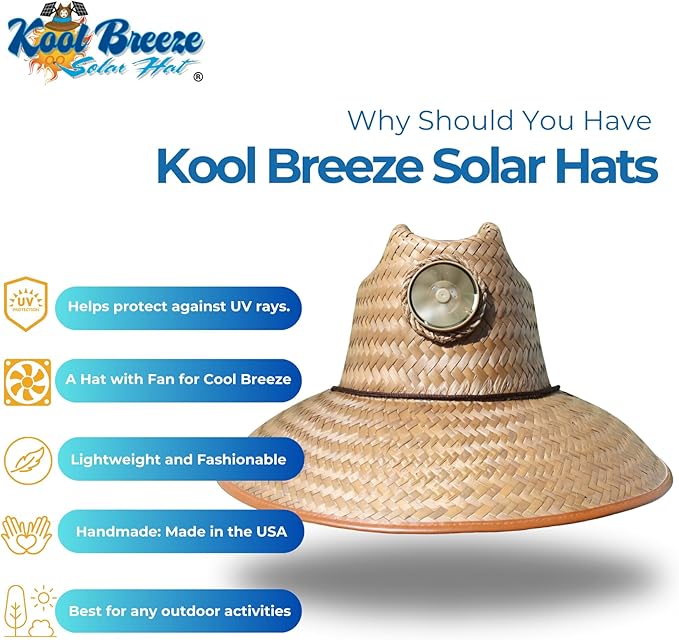 KOOL BREEZE SOLAR HAT - Mens Thurman with Band Straw Hat - Solar Fan Hat Cooling Outdoor Sun - Large