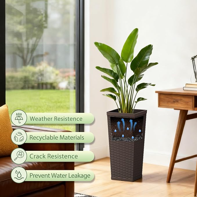 24 Inch Tall Plastic Planters (Set of 2), Detachable Inner Pot & Drainage Holes, Outdoor Decorative Flower Pots for Large Plants, Trees, Patio, and Garden, Brown