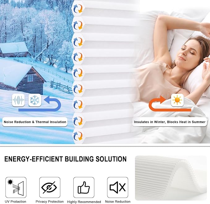 Tonature No Drill Cellular Shades for Indoor Windows, Thermal Insulating & Noise Reducing Honeycomb Blinds, Cordless Free Stop Blinds Light Filtering, White,46" W x 48" H
