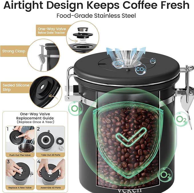 Veken Coffee Canister with Window, Airtight Stainless Steel Kitchen Food Storage Container with Lids, Date Tracker and Scoop for Grounds Coffee, Beans, Tea, Flour, Cereal, Sugar Jars, 16OZ, Black