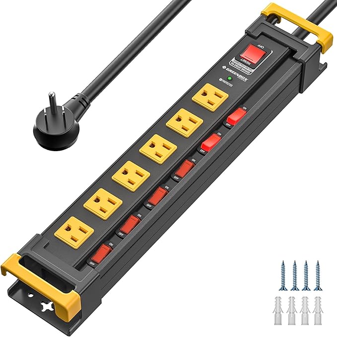 6 Outlet Heavy Duty Metal Power Strip with Individual Switches,3300J Surge Protector Mountable Power Strip,6FT Cord Management,Recessed Wide-Spaced,ETL Listed(15A/1875W)