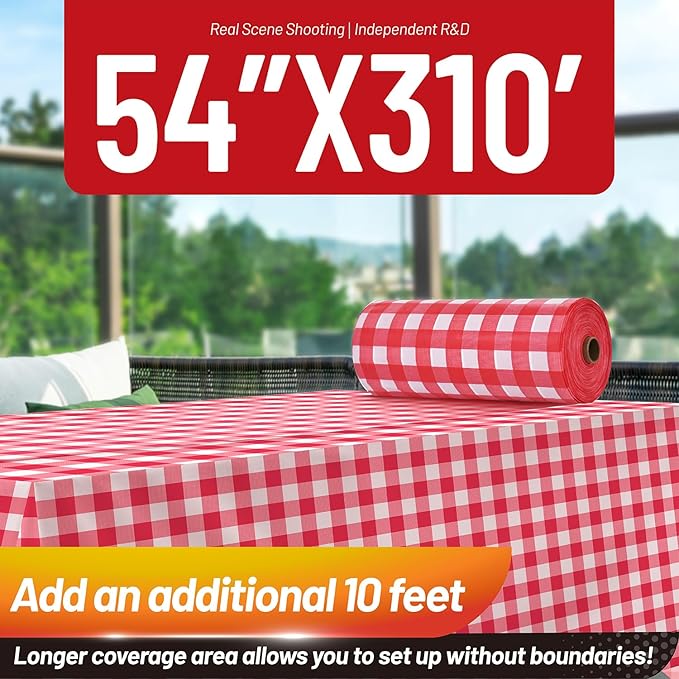 Plastic Table Cloth, 310 Ft X 54 In Disposable Tablecloth Red and White Checkered Tablecloth with Any Cut Sliding Cutters Premium PEVA Plastic Table Cloth Disposable for Picnic, Parties, Festivals