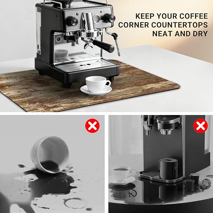 Coffee Mat 32x18 Inch, Wood Grain Coffee Bar Accessories, Absorbent Hide Stain Rubber Backed Dish Drying Mat for Kitchen Counter, Mats for Countertops, Under Coffee Maker Machine Pot Espresso Staion
